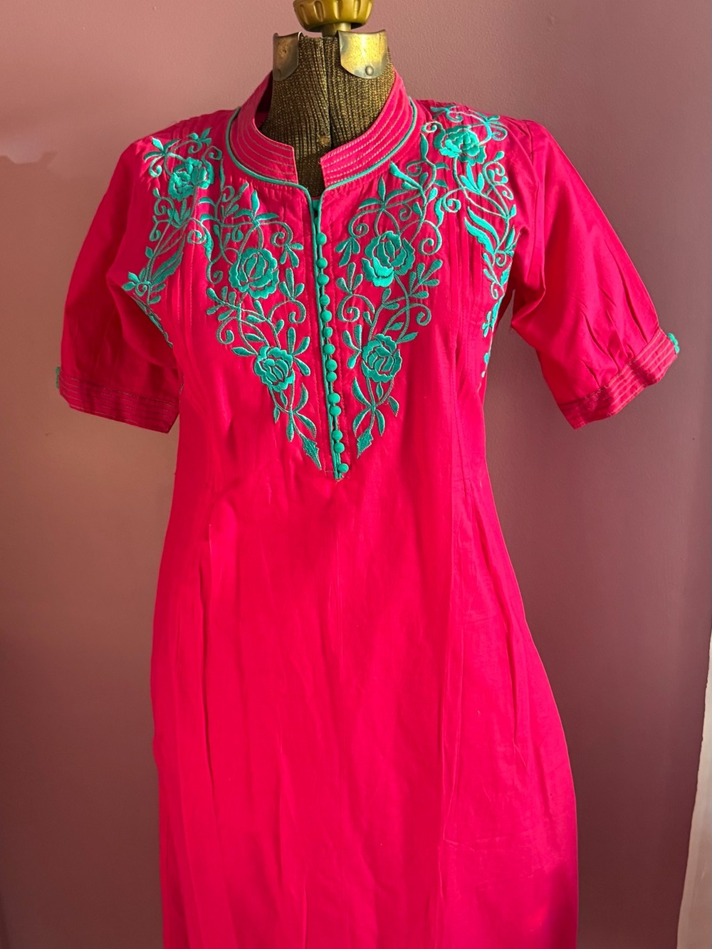 Pink Turquoise Embroidered Kurta Tunic Dress XL Boho Maximalist